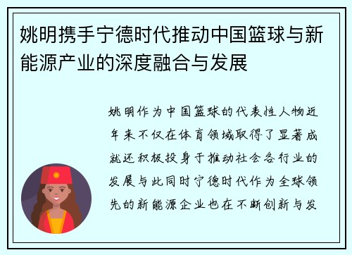 姚明携手宁德时代推动中国篮球与新能源产业的深度融合与发展